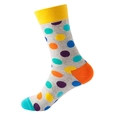 Gray crew socks with colorful polka dots and contrasting heel, toe, and ribbed cuffs - No. 148 Colorful Polka Dot