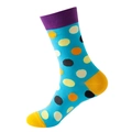 Blue crew socks with yellow heels and colorful polka dots on a plain white background - No. 144 Bright Blue Polka Dot