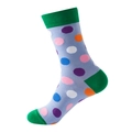 Light purple crew socks with green accents and colorful polka dots on a white background - No. 146 Light Purple Polka Dot