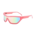 Y2K wraparound sports sunglasses with glossy pink frames and iridescent shield lenses - Pink Frame Laser Lens