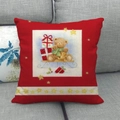 Red Christmas linen cushion cover featuring teddy bears on a sleigh with gift boxes - Style 14