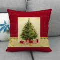 Red Christmas tree linen pillow case with golden Season's Greetings script on sofa - Style 28