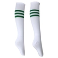 White knee-high sports football socks with three green stripes on the cuff for athletes - White Green Edge