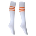 Professional white knee-high sports socks featuring three orange stripes for soccer - White Orange Edge