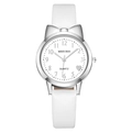 White quartz watch for girls with cat ear silver case and heart motif on dial - Silver Case White Strap
