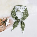 Olive green silk-feel skinny scarf with white smiley face patterns on soft plush background - Smiley Green
