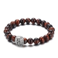 Men's beaded bracelet featuring red tiger eye stones and a silver skull charm - Red Tiger's Eye Silver Skull Style (KB138350-Z)