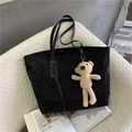 Minimalist black large capacity tote bag with a cute beige plush bear pendant accessory - With Bear / Black