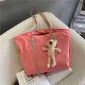 Pink large capacity tote bag with adorable beige teddy bear charm and brown leather trim - With Bear / Pink