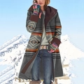 Cappotto lungo da donna con stampa etnica geometrica grigio scuro e collo a scialle - S / Tops / Grigio