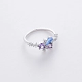 Detail of flower-shaped ring with blue pear-cut and purple zircon stones in silver - 6#12952B (Silver) Fixed Size