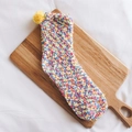 Colorful coral fleece cake socks with blue, yellow and pink popcorn texture and pom-poms - One Size / Colorful