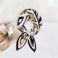 Pleated square silk scarf featuring ginger and brown geometric patterns on fur background - Black Border Plaid