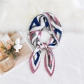 Pleated square scarf with geometric pink and blue patchwork patterns and silk feel - Pink Border Plaid