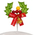 Christmas holly cake topper with Merry Christmas bow, red berries, and gold bell - Christmas Berry Holly Leaf Type A / Approx 6cm