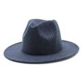 Classic dark blue checkered wool fedora hat with wide flat brim for autumn and winter - M (56-58cm) / Navy Blue