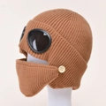 Winter pilot ear protection knitted hat in brown with goggles and a face mask - Caramel