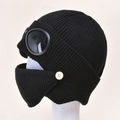 Berretto da aviatore invernale in maglia nera con maschera abbinata e occhiali decor - Nero
