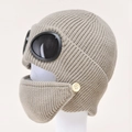 Berretto invernale in maglia con occhiali e maschera color beige avena chiaro - Cachi