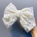 Elegant white lace bow hair clip with detailed floral embroidery and spring clasp - Triple Layer / Beige