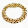 Macro shot of gold-plated 13mm Cuban link bracelet with iced-out rhinestone box clasp - 20cm Gold