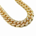 Macro view of 13mm gold plated Cuban link chain with shimmering iced out rhinestones - 50cm Gold