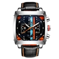 Detail of square automatic watch dial with racing stripes and orange leather stitching - Silver Case Black Dial