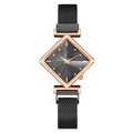 Elegant women's watch with rhombus black dial and rose gold mesh strap minimalist style - Black