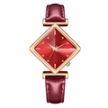 Elegant ladies quartz watch with red rhombic dial and wine red leather strap on white background - Red