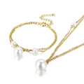 Double-layer stainless steel gold chain necklace and bracelet set with white pearls - Necklace & Bracelet Set / Gold (KS133385-Z)