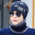 Conjunto de gorro y bufanda de punto para hombre con diseño de estrellas y forro polar - Azul marino