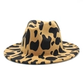 Khaki fedora hat with black cow print pattern and wide brim in felt material - M (56-58cm) / Camel
