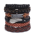 Multilayer leather bracelet set with black beads and feather charm and believe plate - 6-Piece Set