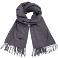 Solid gray cashmere scarf with fringe tassels and woven material label for winter wear - Dark Gray