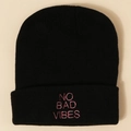 Black knit beanie with pink NO BAD VIBES embroidery and trendy cuffed design - M (56-58cm) / Black (Pink Embroidery)