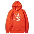 Orange fleece hoodie with white palm heart print featuring a kangaroo pocket and drawstring - S / Orange