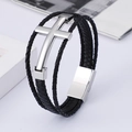 Pulsera multicapa de cuero trenzado negro para hombre con cruz de acero inoxidable plata - Cuero Negro Color Acero