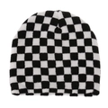 Detailed close-up of a black and white checkerboard knit beanie with ribbed texture - Checkerboard Knit Beanie
