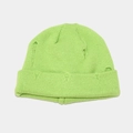 Close-up of neon green distressed knit beanie showing ripped textures and thick cuffs - Fluorescent Green