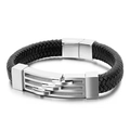 Men's black braided leather bracelet with silver triple-layer hollow steel charms - Steel Color (19cm)