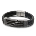 Men's black braided leather bracelet with vintage silver tiered stainless steel clasp - Vintage Silver (19cm)