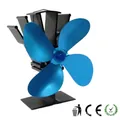 Warmte aangedreven kachelventilator met 4 blauwe aluminium bladen en zwart metalen frame - Blauw