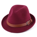 Klassischer bordeauxroter Wollfilzhut für Damen und Herren mit braunem Lederband - M (56-58cm) / Burgunderrot