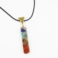 Macro detail of 7-chakra resin pendant with copper spiral and multi-color natural stones - Rectangular Model B + Wax Cord (60*10mm)