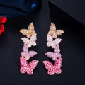 S925 silver rose gold earrings with four colorful butterfly zircons in a vertical line - Gradient Multicolor (E0325)