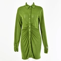 Robe chemise verte sexy à manches longues avec taille froncée et col à revers élégant - S / Vert