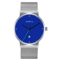 Macro detail of Geneva men's watch blue dial with silver Milanese stainless mesh strap - Blue Dial Black Hands Silver Strap