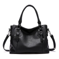 Elegant black faux leather handbag with litchi texture and detachable shoulder strap - Black