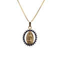 Gold Virgin Mary pendant necklace with blue sapphire stones and a box chain on white - Style 0099 Goddess 1 Box Chain