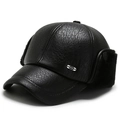 Men's winter black faux leather baseball cap with ear flaps and warm plush lining - One Size / Black